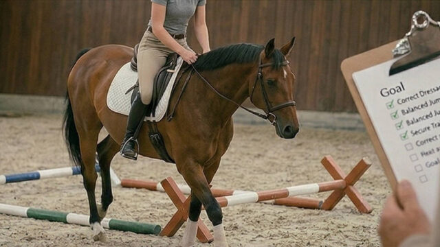 Rider on a brown horse approaching a jump in an indoor arena; a clipboard with a 'Goal' checklist is in the foreground.
