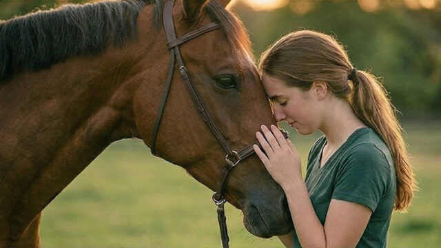 Young woman in a green shirt rests her forehead against a horse's forehead in a tranquil field at sunset.