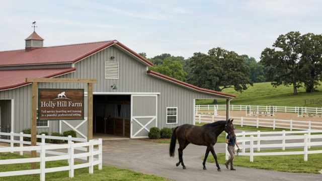 Grey barn with red roof and a wooden sign reading Holly Hill Farm; white fences border paddocks, as a person leads a brown horse outside.